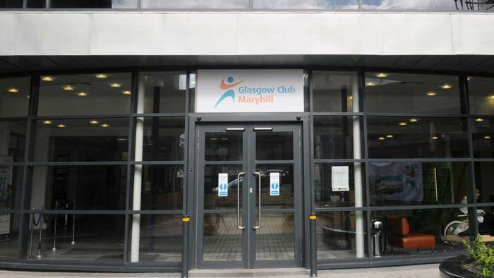 Main entrance to Glasgow Club Maryhill with glass panel doors