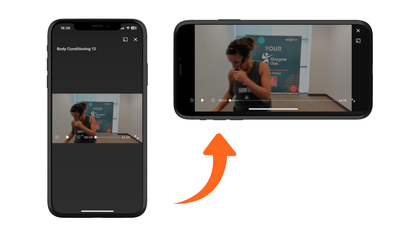 A diagram showing a smartphone being rotated from portrait to landscape orientation