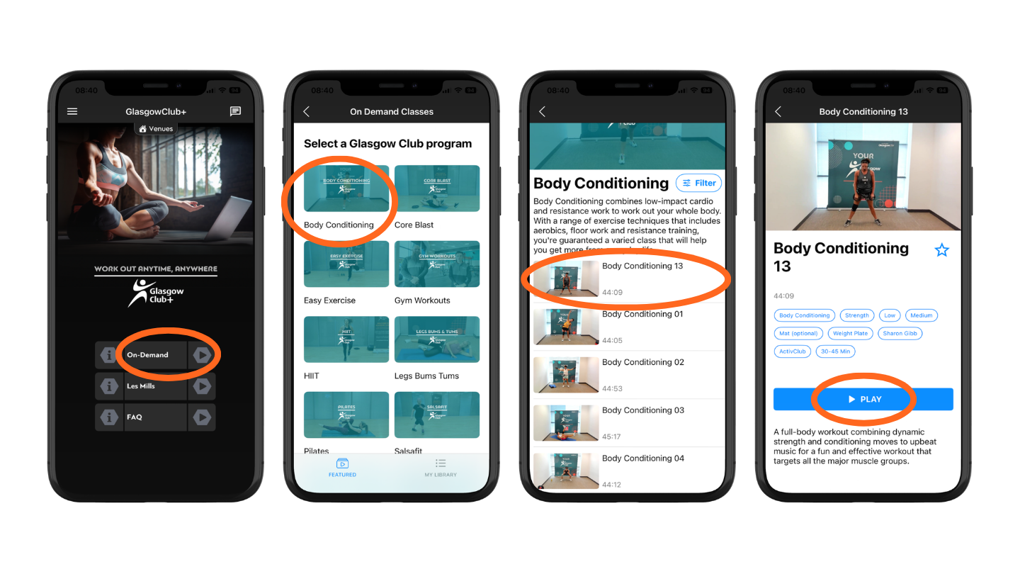 A series of screenshots from a smartphone app showing the choosing of a category, a fitnes program, a specific class video, and tapping the play button