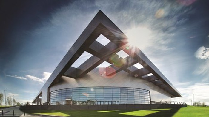 Exterior architecture of angled Glasgow Club Emirates Arena 