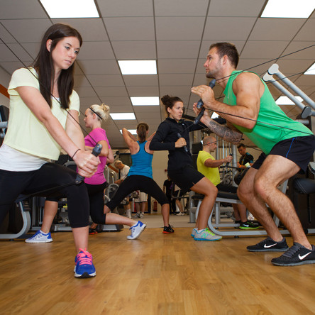 Gym group on various apparatus working out  