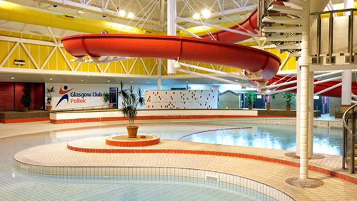 Swimming pool within Glasgow Club Pollok with flume in background 