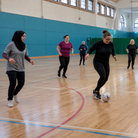 Women playing indoor football. 