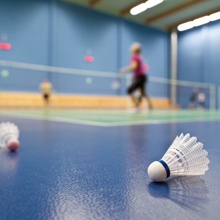 Shuttlecocks in foreground on floor with people playing badminton in background 