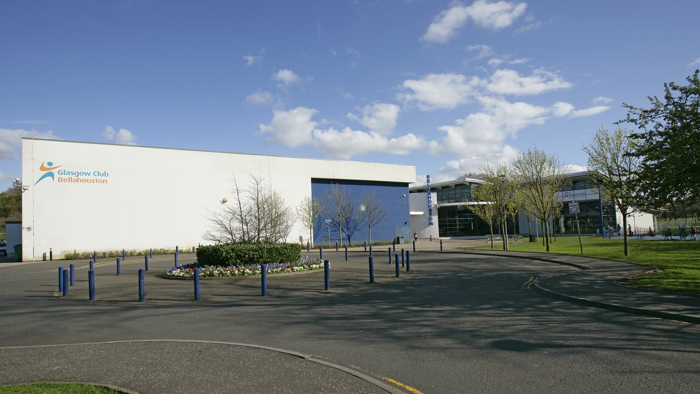 Exterior shot of Glasgow Club Bellahouston, white building with blue sky 