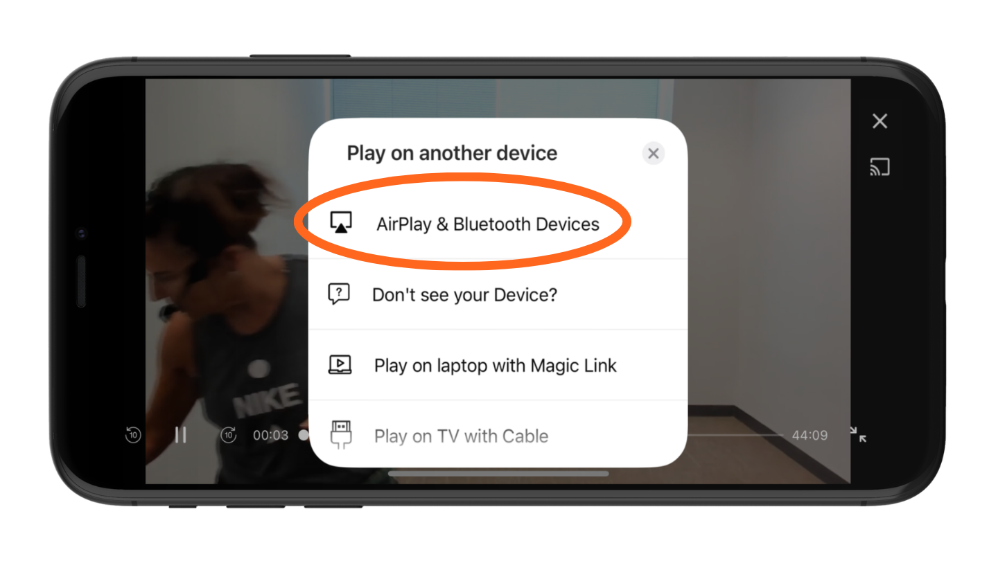 A screenshots showing a menue in a smartphone app with options for sharing or casting video