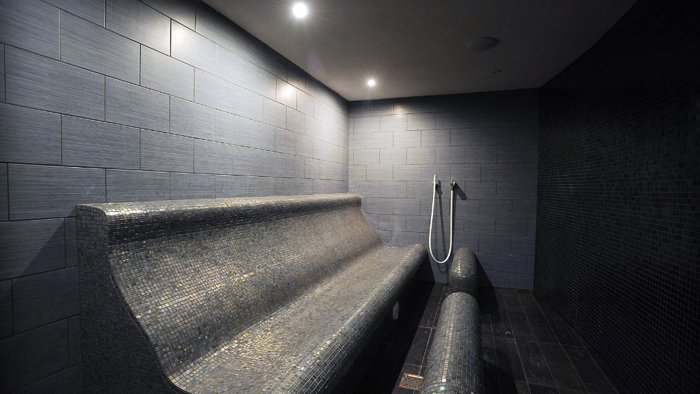 The interior of a steam room