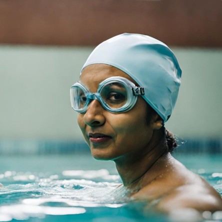 Two people wearing swimming caps and goggles in a swimming pool