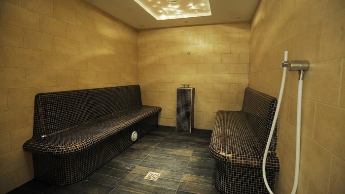The interior of a steam room