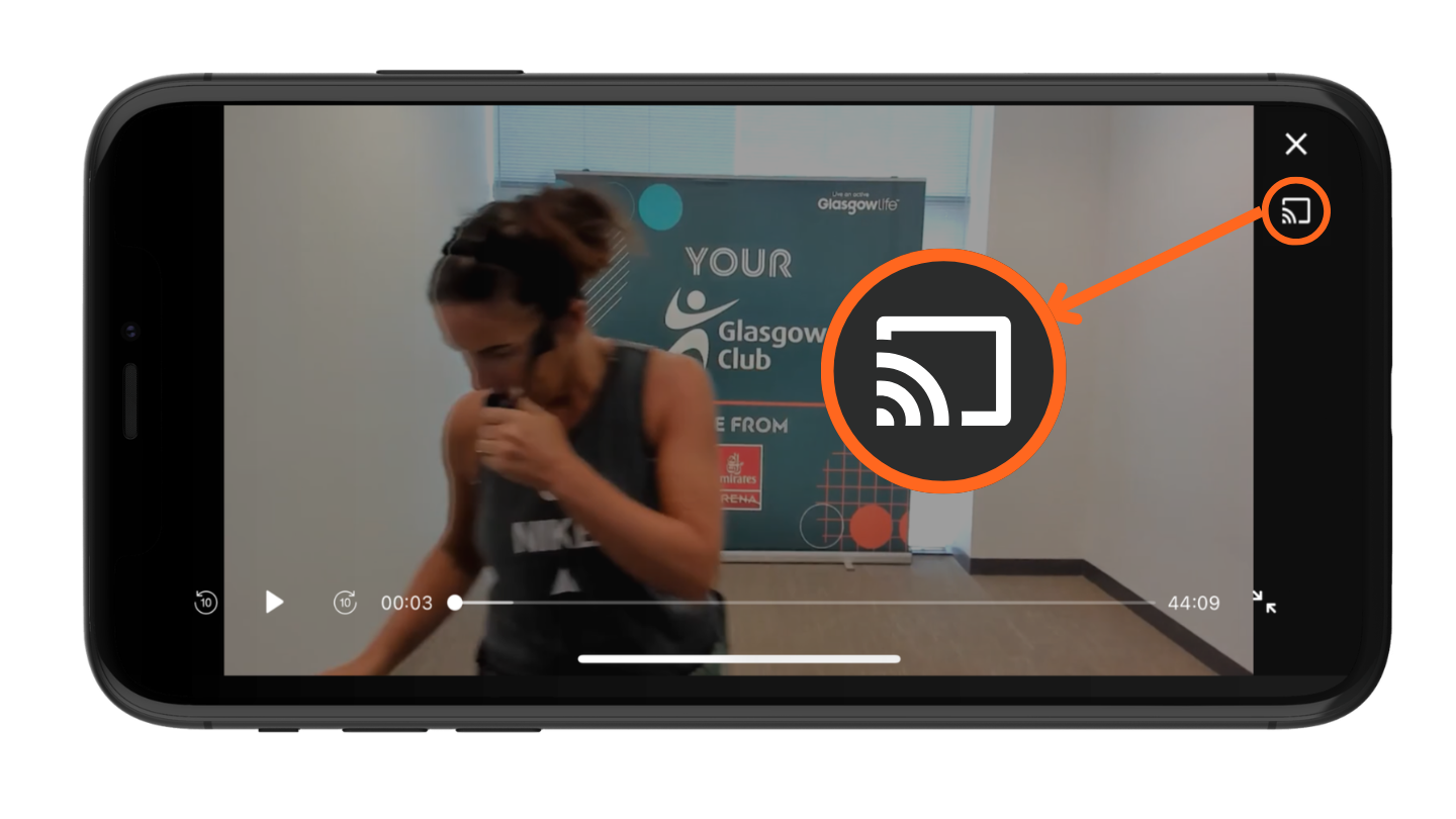 A screenshots from a smartphone app showing the cast button located at the top-right corner of a video